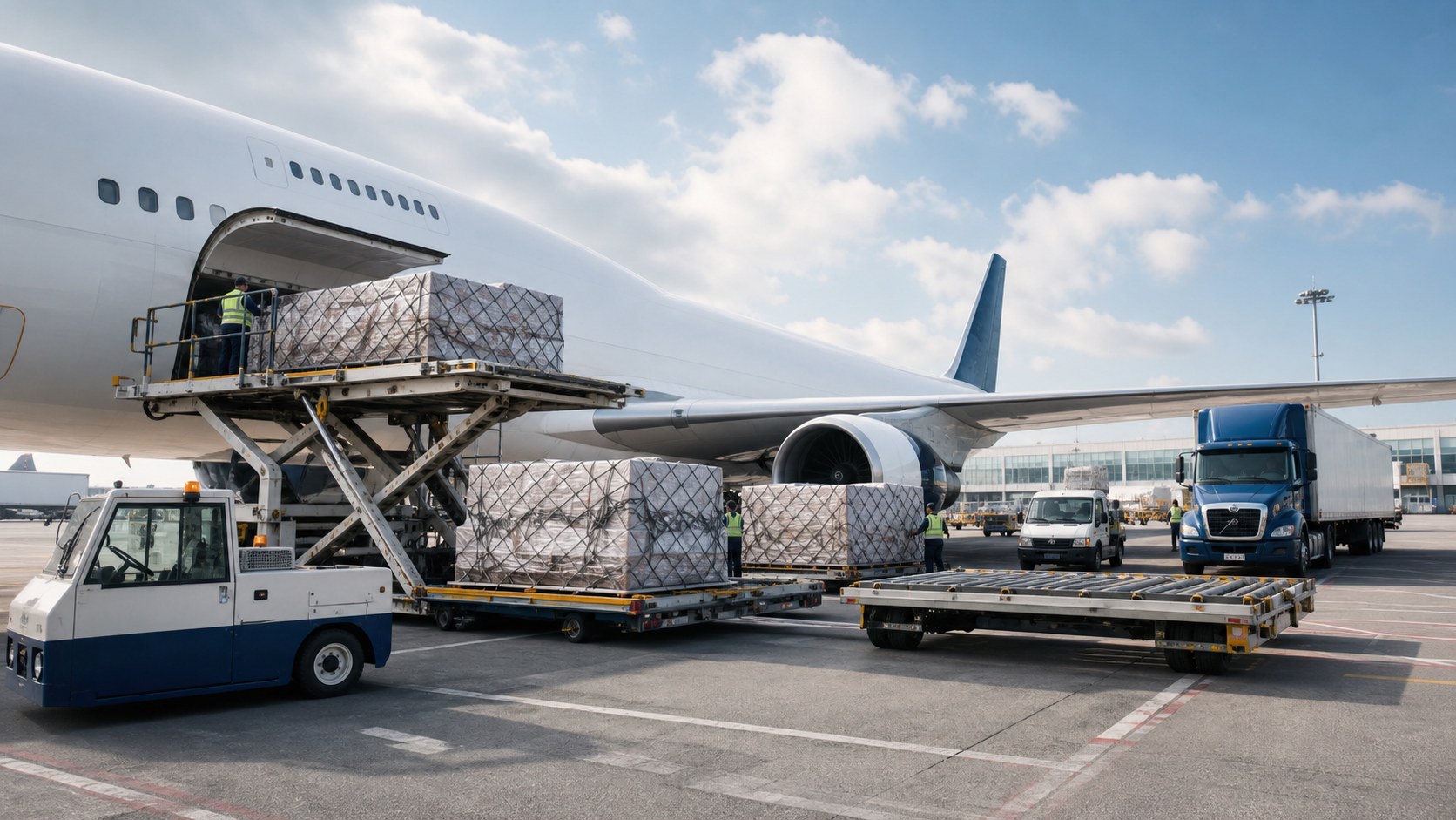 Air cargo operation with freight aircraft and ground handling equipment