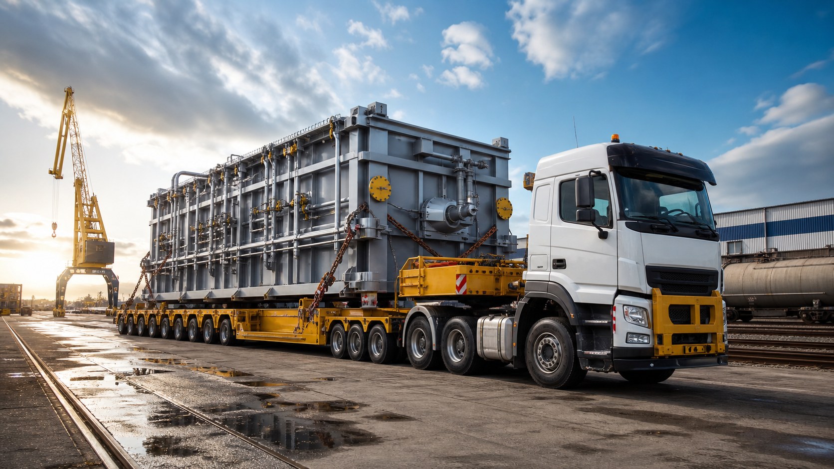 Heavy project cargo secured on specialized transport equipment