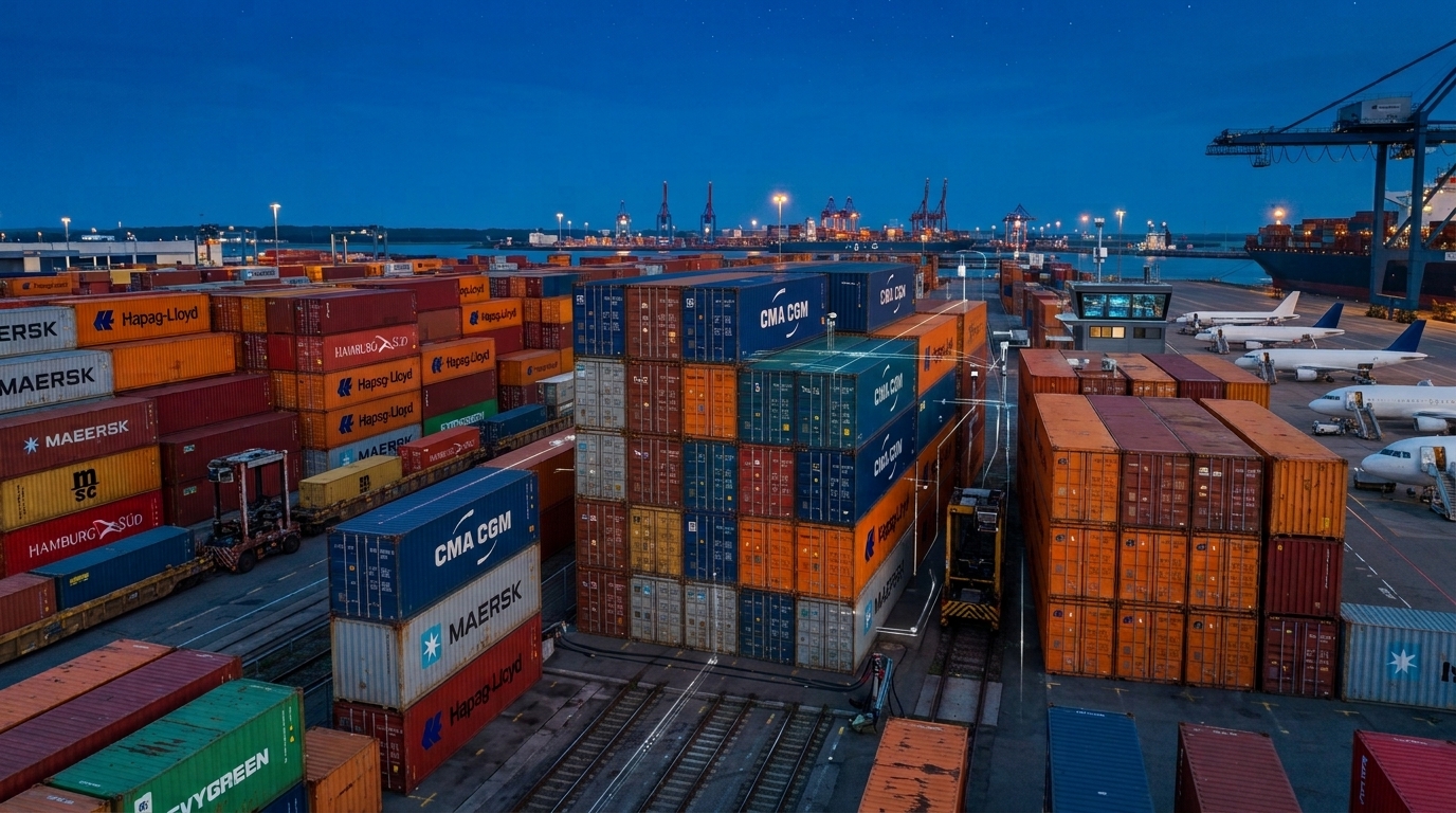 Freight containers, aircraft, and port operations