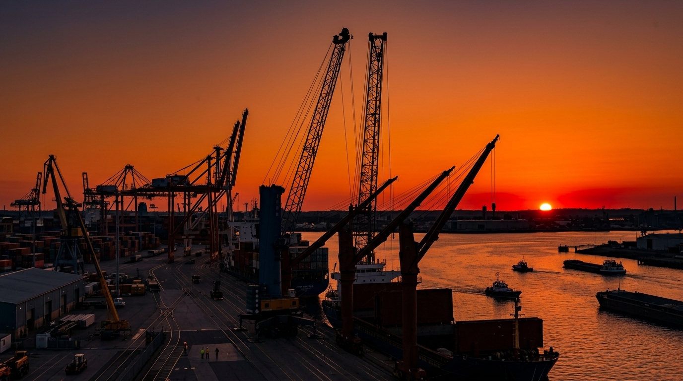 Port cranes and heavy-lift equipment at sunset
