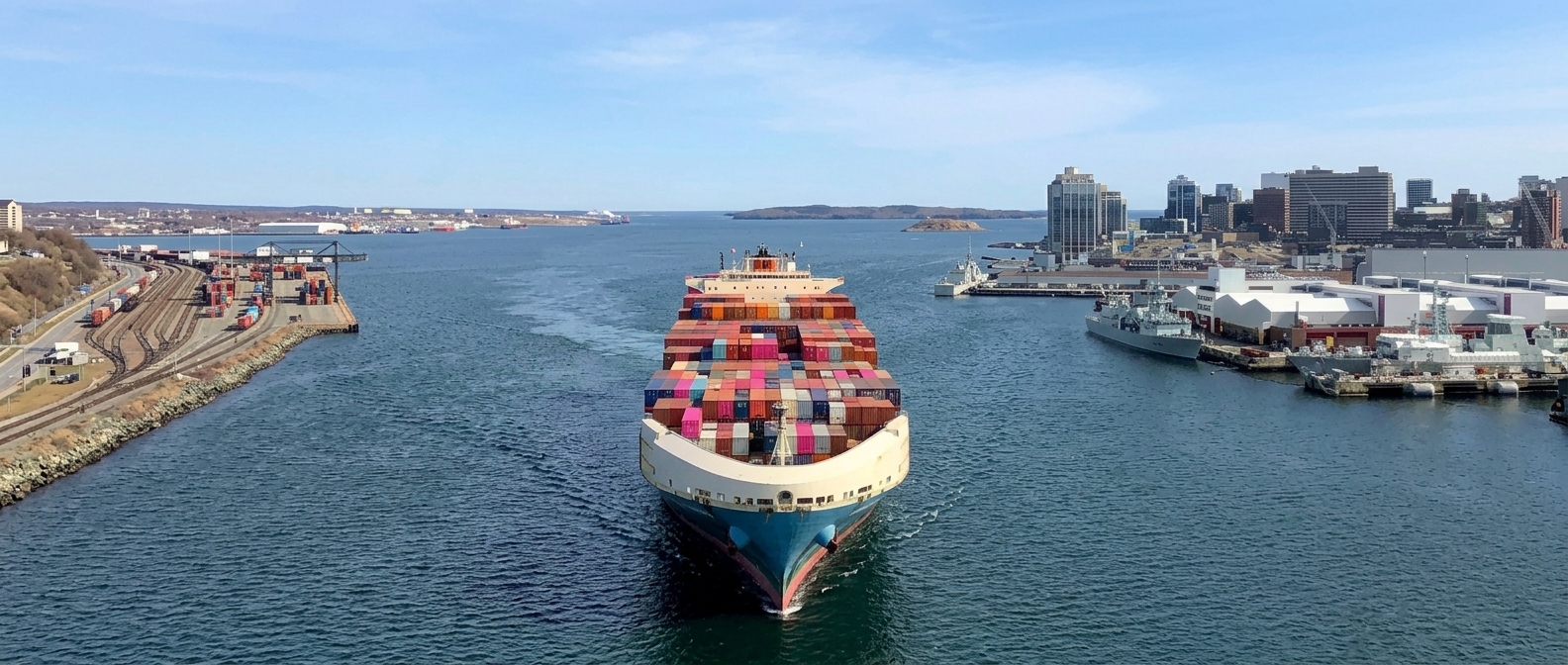 Container ship arriving at a working port