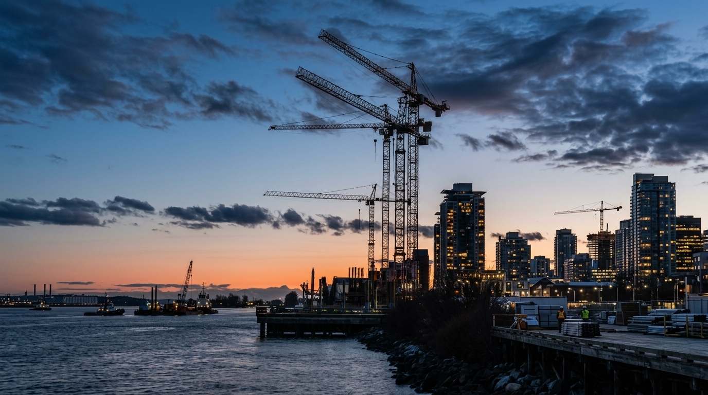 Waterfront construction cranes and industrial development